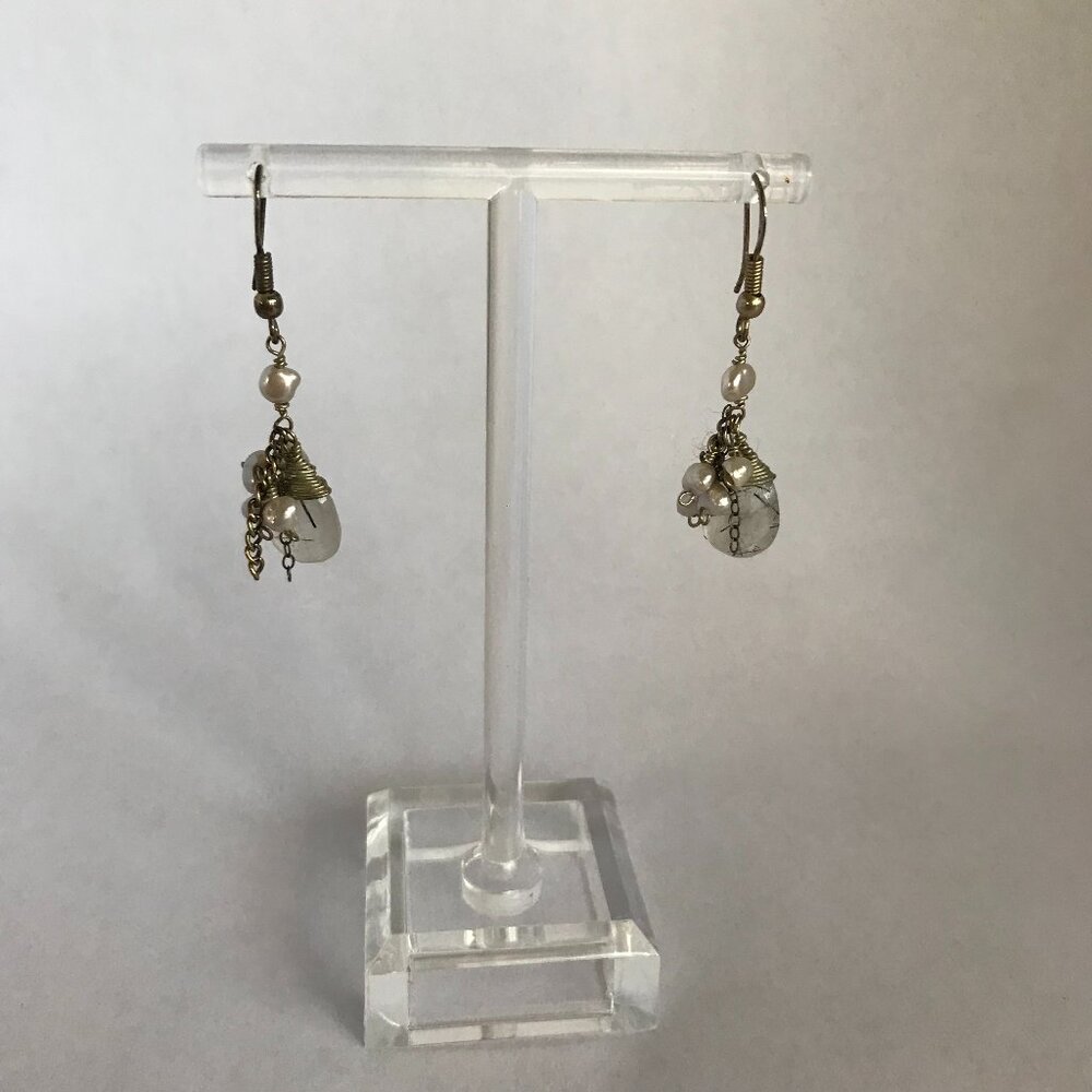 Silver, Pearl and Tourmalated Quartz Dangle Earrings